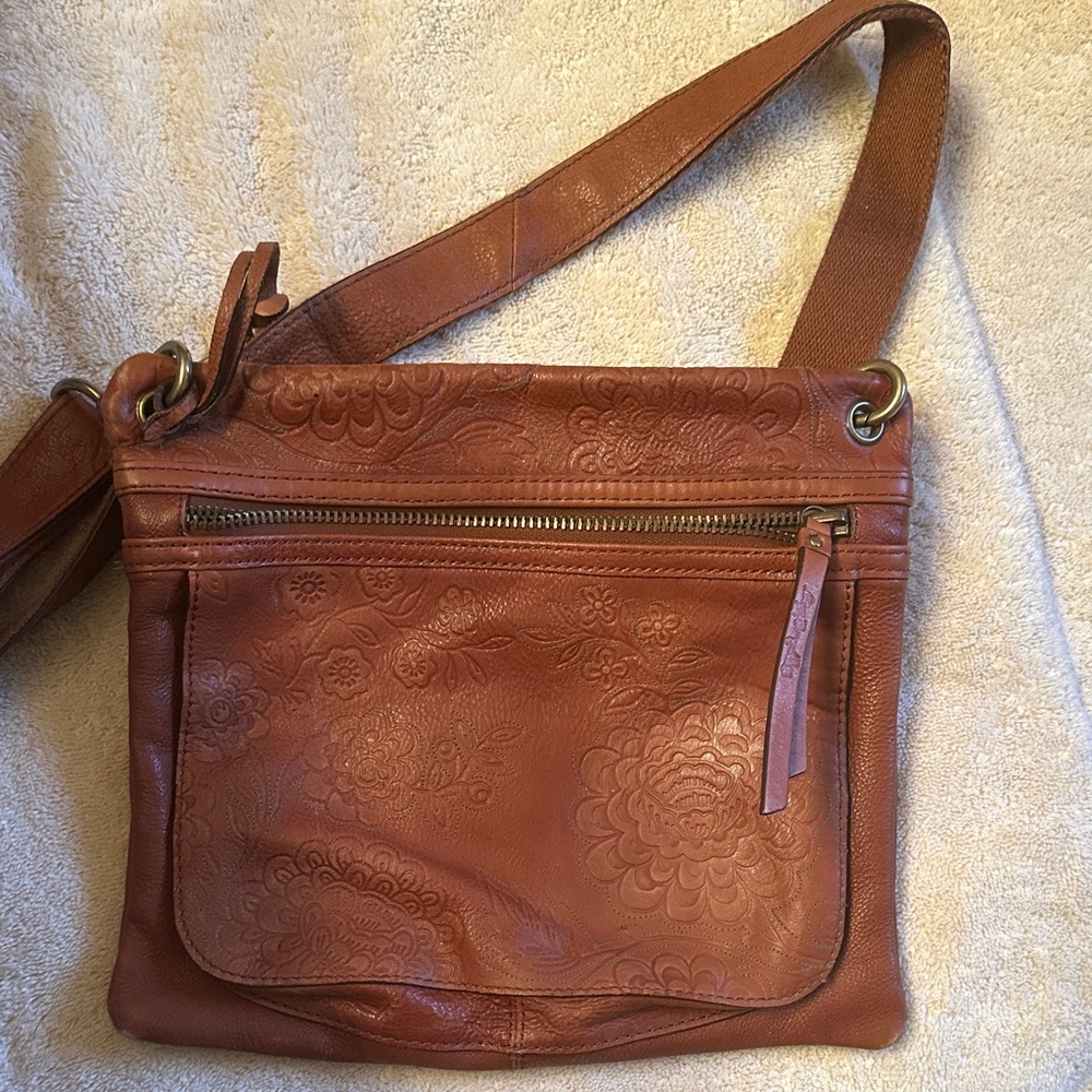 Fossil Brown Floral Embossed Leather Crossbody Bag